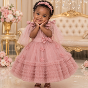 Young girl in a pink dress with floral details standing in an elegant room.