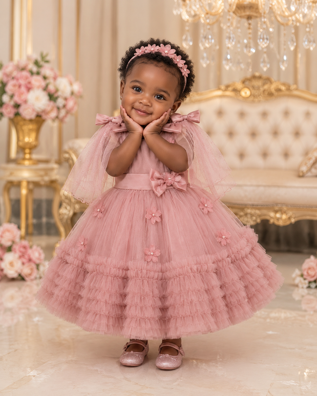 Young girl in a pink dress with floral details standing in an elegant room.
