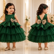 Emerald Green Luxury Layered Tulle Party Dress with Detachable Bow: 100cm, 110cm & 120cm