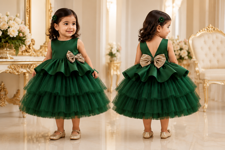 Emerald Green Luxury Layered Tulle Party Dress with Detachable Bow: 100cm, 110cm & 120cm