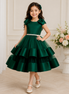 Dark Emerald Green Pearl Bow Knee-Length Princess Dress for Girls (130-140cm)