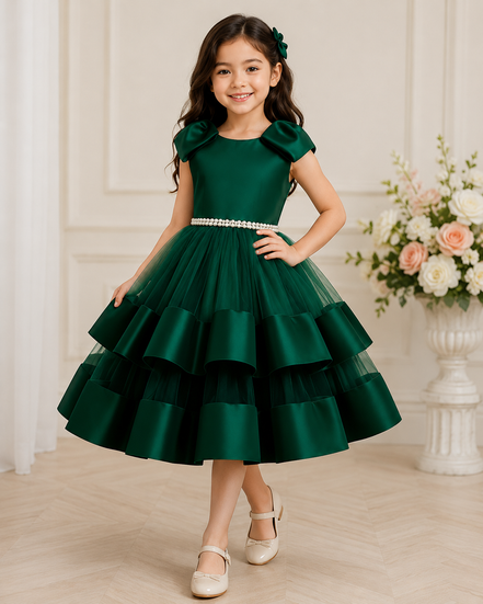 Dark Emerald Green Pearl Bow Knee-Length Princess Dress for Girls (130-140cm)