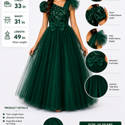 Elegant Emerald Green One-Shoulder Sequin Tulle Ball Gown for Girls – Age 14: 170cm