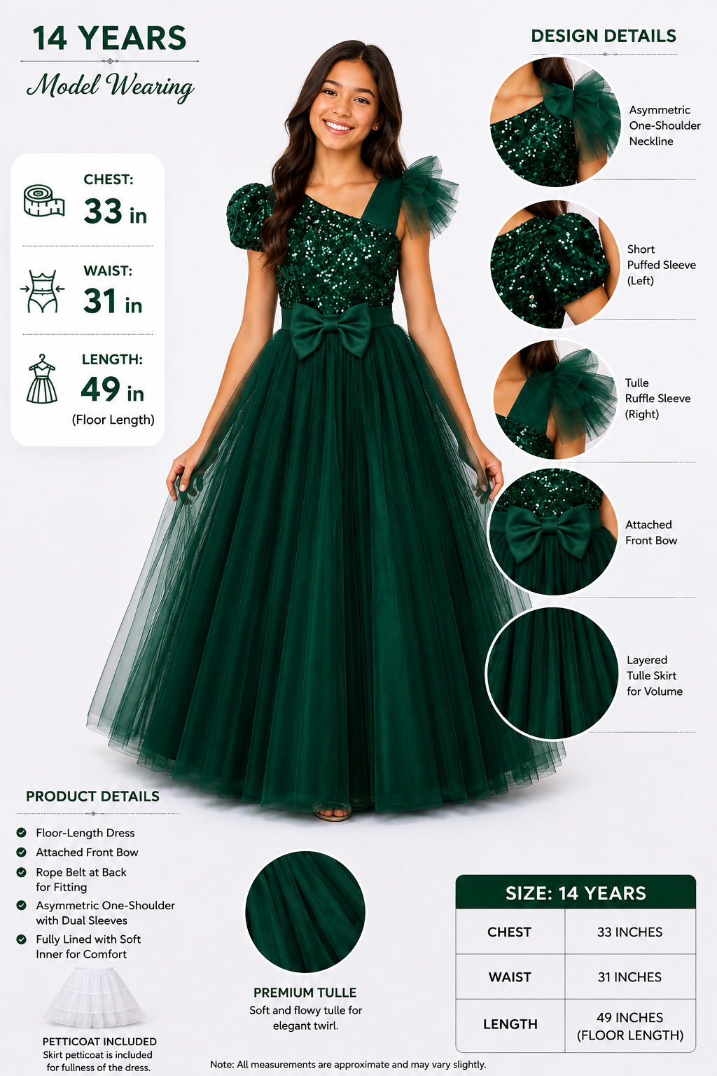 Elegant Emerald Green One-Shoulder Sequin Tulle Ball Gown for Girls – Age 14: 170cm