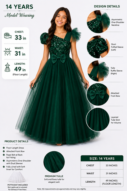 Elegant Emerald Green One-Shoulder Sequin Tulle Ball Gown for Girls – Age 14: 170cm