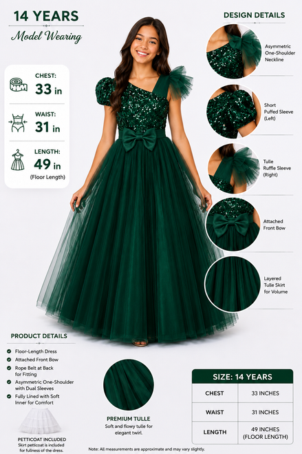 Elegant Emerald Green One-Shoulder Sequin Tulle Ball Gown for Girls – Age 14: 170cm