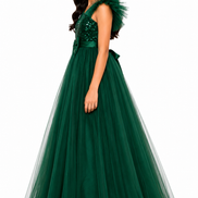 Green evening gown with sequin top on a white background