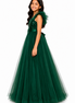 Green evening gown with sequin top on a white background