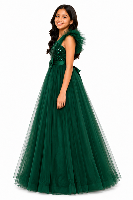 Green evening gown with sequin top on a white background