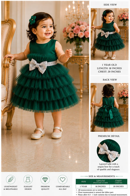 Emerald Green Princess Tiered Tulle Party Dress with Sparkle Bow (90-120cm)