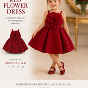 Young girl wearing a red flower dress in a elegant interior setting.