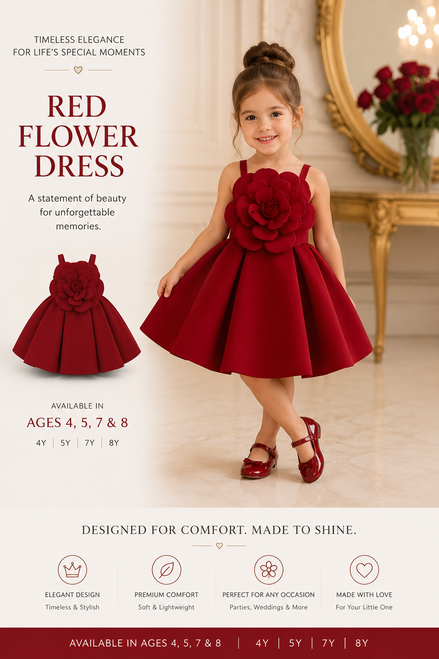Young girl wearing a red flower dress in a elegant interior setting.