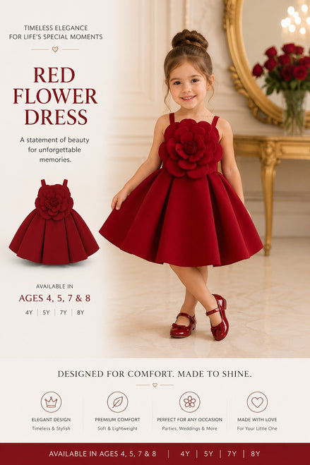 Young girl wearing a red flower dress in a elegant interior setting.