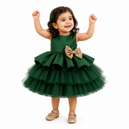 Emerald Green Luxury Layered Tulle Party Dress with Detachable Bow: 100cm, 110cm & 120cm