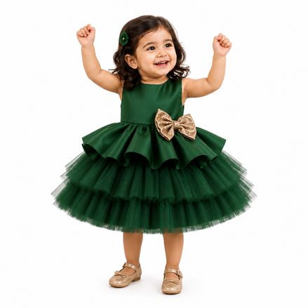 Emerald Green Luxury Layered Tulle Party Dress with Detachable Bow: 100cm, 110cm & 120cm