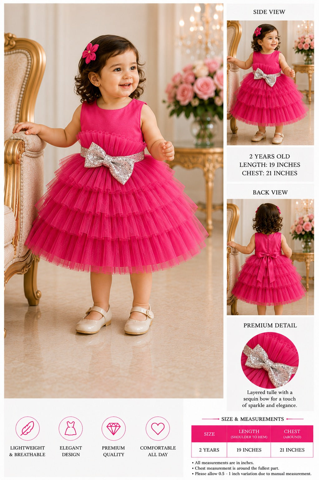 Fuchsia Pink Princess Tiered Tulle Party Dress with Sparkle Bow (90-120cm)