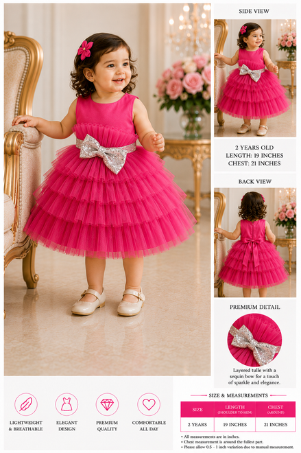 Fuchsia Pink Layered Tulle Party Dress for Girls: 90cm, 100cm, 110cm, & 120cm
