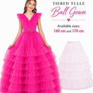 Pink tiered tulle ball gown with a smaller white version on a white background