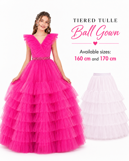 Pink tiered tulle ball gown with a smaller white version on a white background