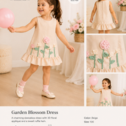 Child wearing a 'Garden Blossom Dress' from the Little Bloom Collection with floral appliqués.