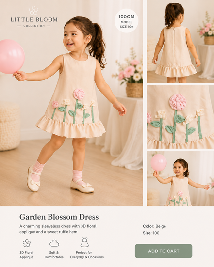 Child wearing a 'Garden Blossom Dress' from the Little Bloom Collection with floral appliqués.