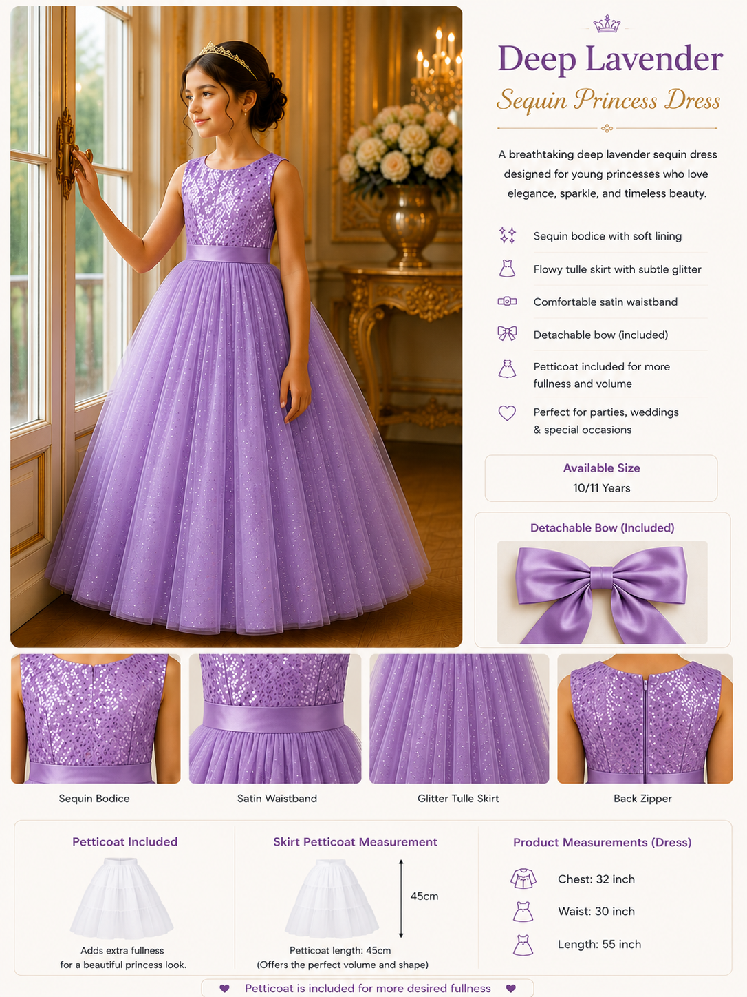 Deep Lavender Sequin Princess Dress with product details on a white background