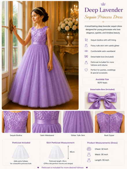 Deep Lavender Sequin Princess Dress with product details on a white background