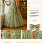 Light army green sequin princess dress with detailed specifications on a decorative background