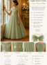 Light army green sequin princess dress with detailed specifications on a decorative background