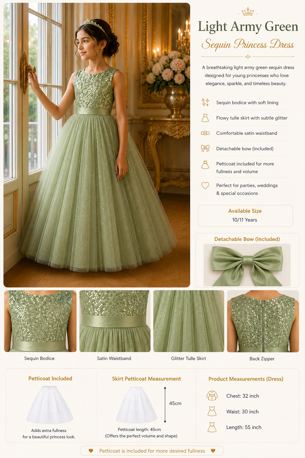Light army green sequin princess dress with detailed specifications on a decorative background