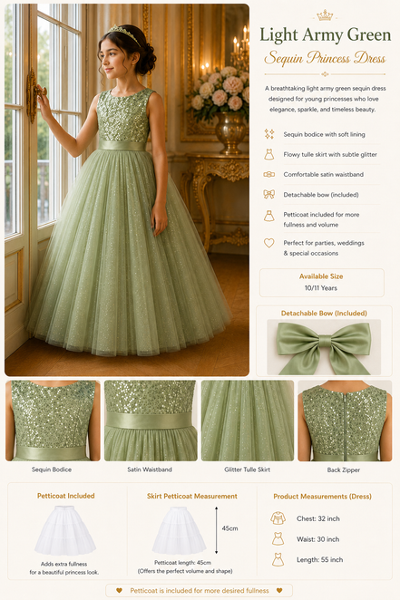 Light army green sequin princess dress with detailed specifications on a decorative background