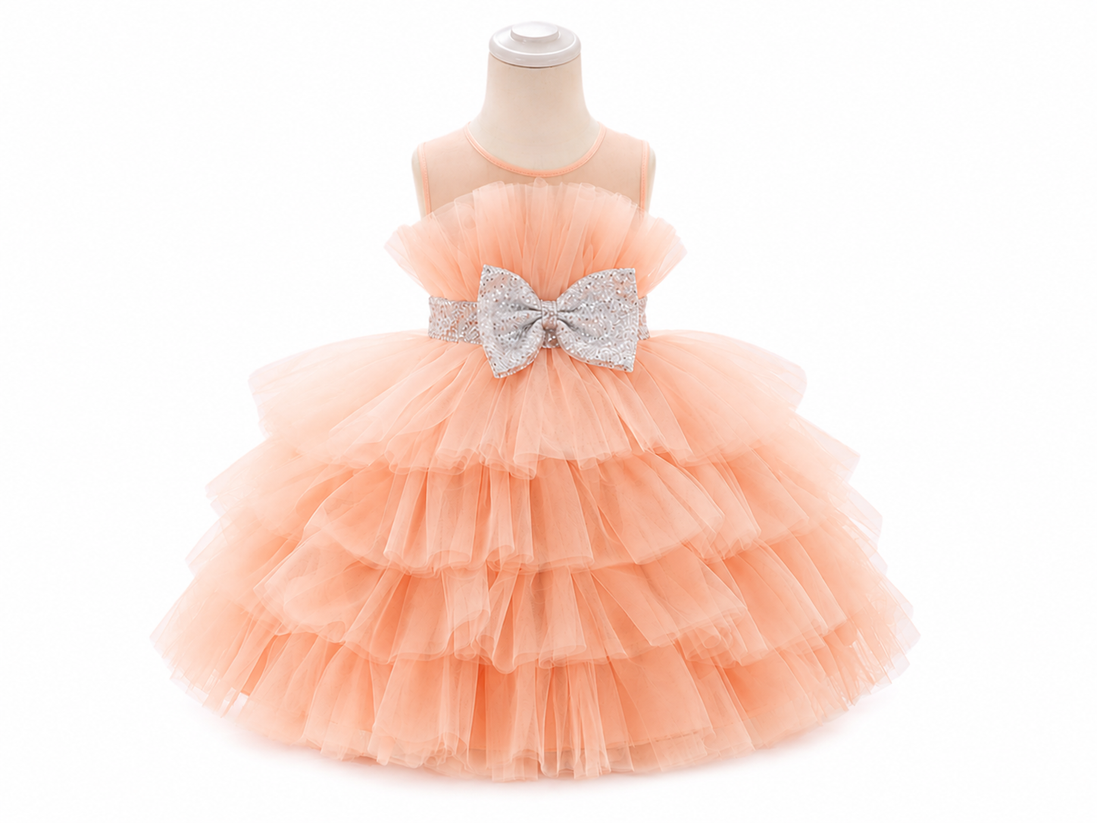 Peach-colored tiered dress with a large bow on a mannequin against a white background