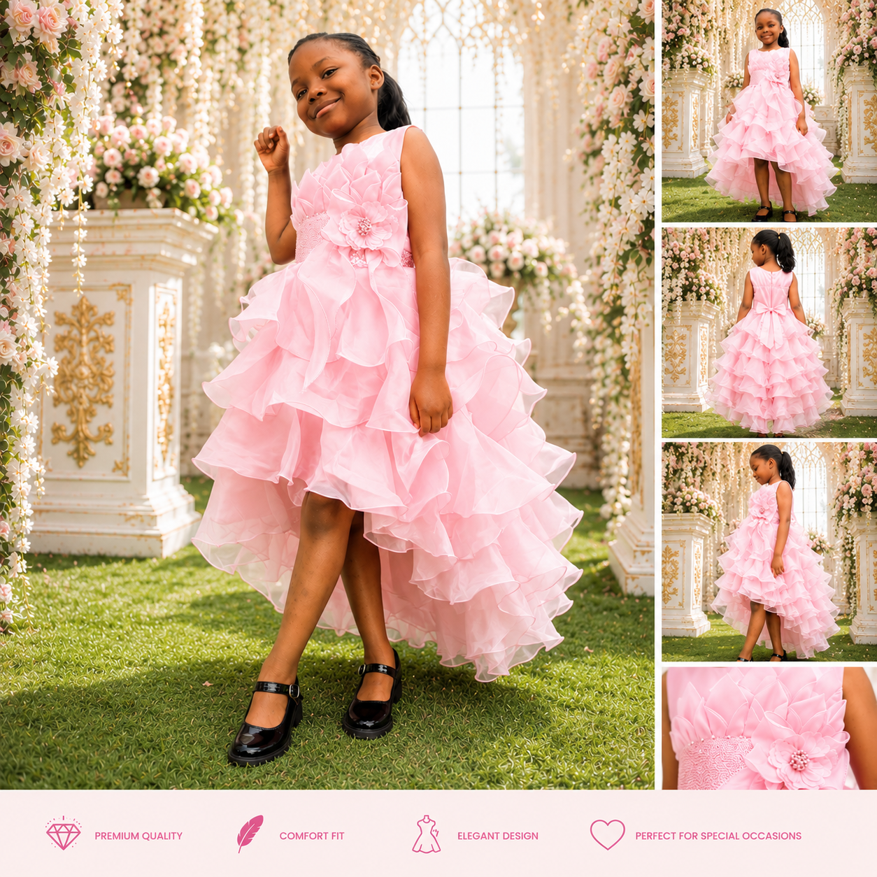 Young girl in a pink dress standing outdoors with floral decorations.