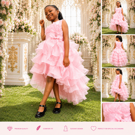 Young girl in a pink dress standing outdoors with floral decorations.