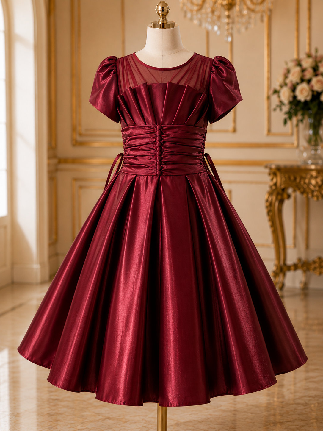 Burgundy evening gown on a mannequin against an elegant interior background
