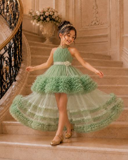Mint Halter-Neck Luxury Party Dress for Girls