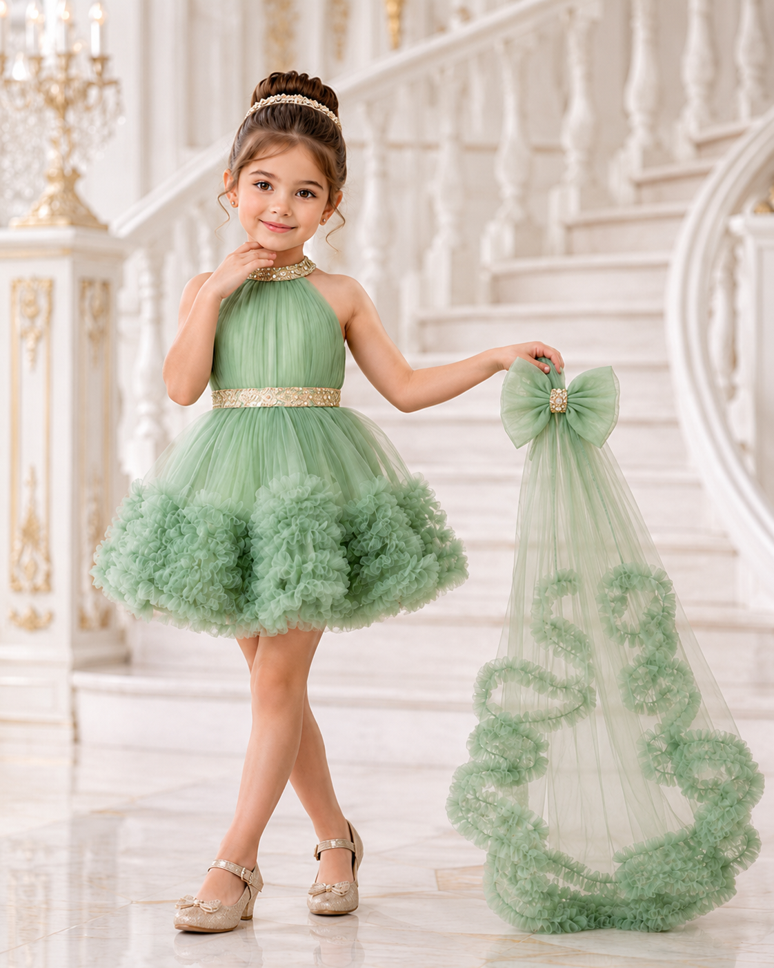 Mint Halter-Neck Luxury Party Dress for Girls