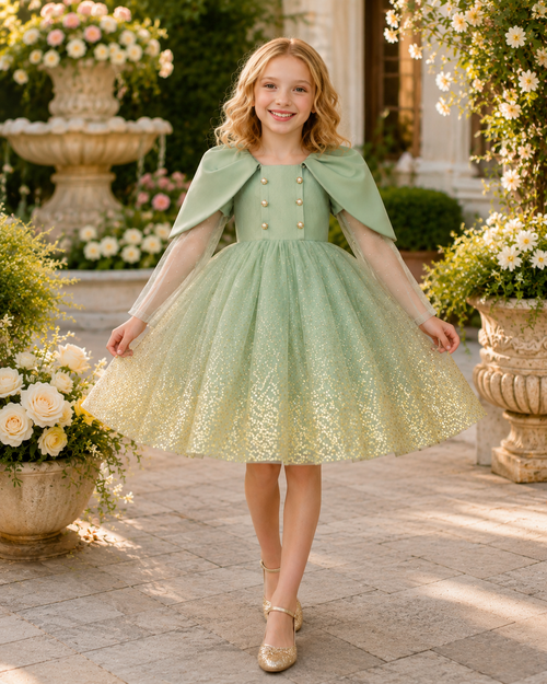 Young girl in a green dress with a cape standing in a garden setting.