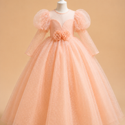 Light Peach Princess Ball Gown with Puff Sleeves – Luxury Tulle Party Dress with Petticoat Included
