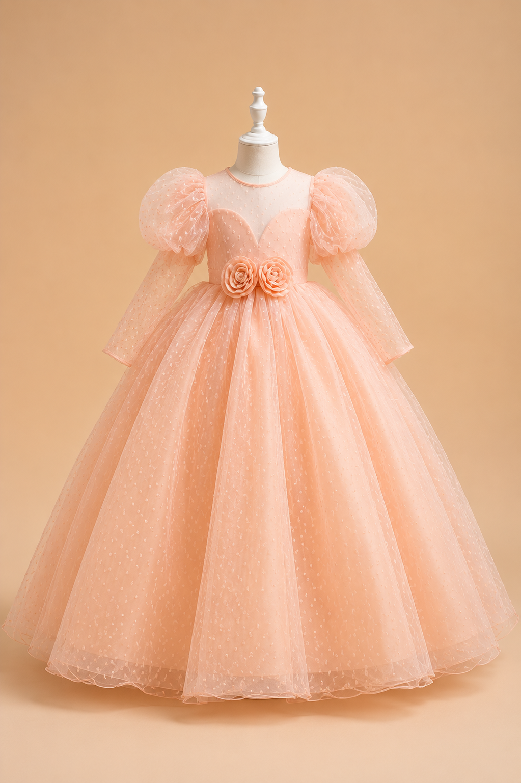 Light Peach Princess Ball Gown with Puff Sleeves – Luxury Tulle Party Dress with Petticoat Included