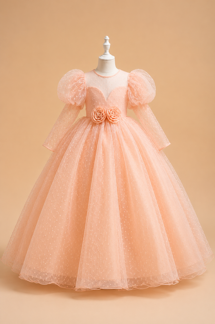 Light Peach Princess Ball Gown with Puff Sleeves – Luxury Tulle Party Dress with Petticoat Included