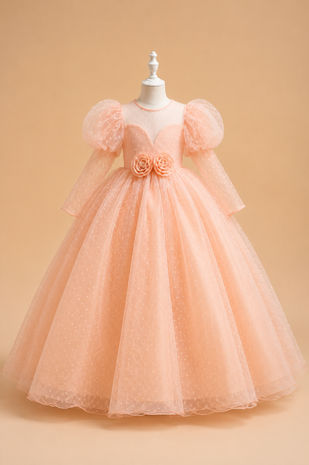 Light Peach Princess Ball Gown with Puff Sleeves – Luxury Tulle Party Dress with Petticoat Included