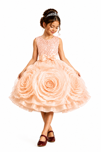 Young girl wearing a peach floral dress with a tiara on a white background