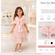 Young girl wearing a pink dress with a matching faux fur shawl in a store setting.