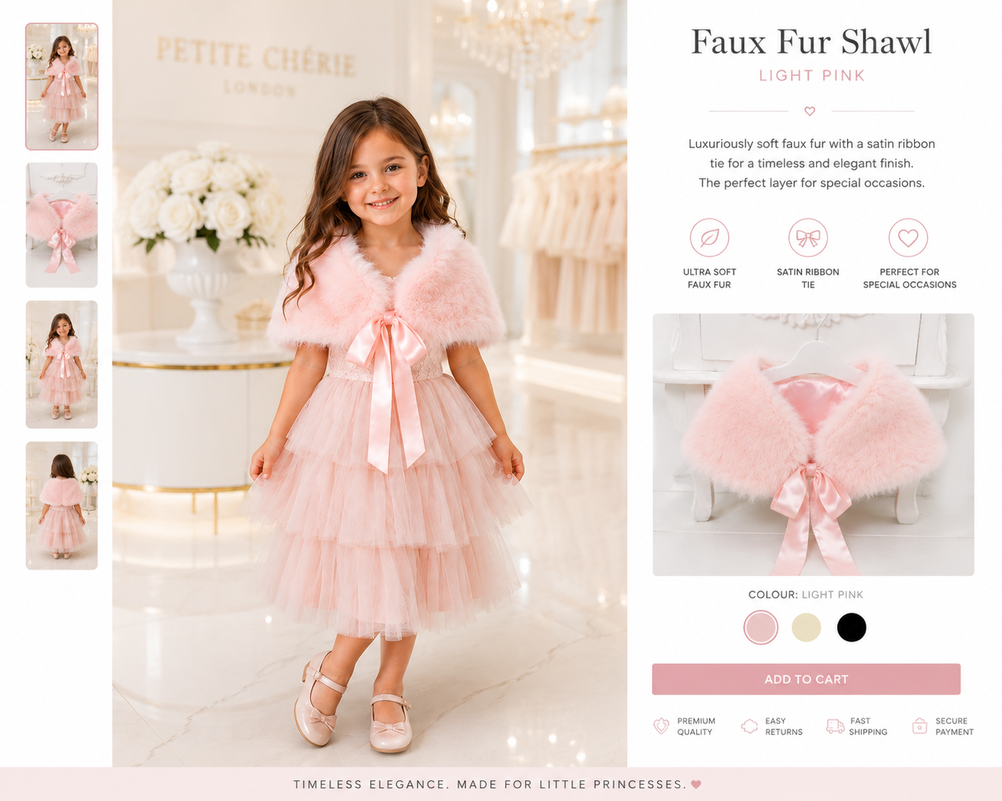 Young girl wearing a pink dress with a matching faux fur shawl in a store setting.