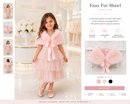Young girl wearing a pink dress with a matching faux fur shawl in a store setting.