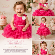Collage of a baby girl in a pink dress with decorative elements and text about the dress.