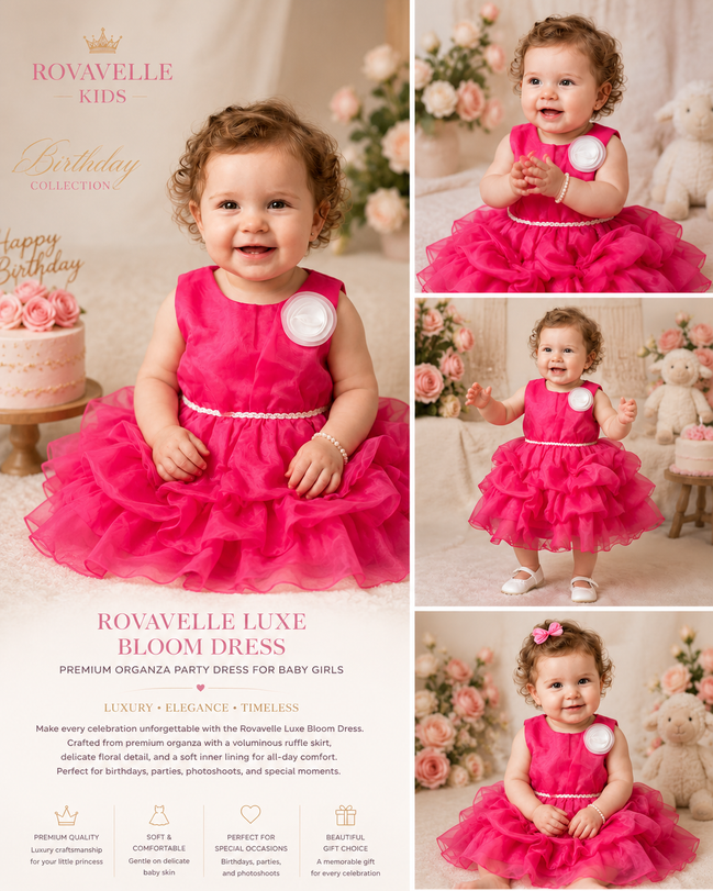Collage of a baby girl in a pink dress with decorative elements and text about the dress.