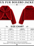Red faux fur bolero jacket with size chart on a white background