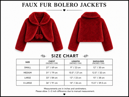 Red faux fur bolero jacket with size chart on a white background